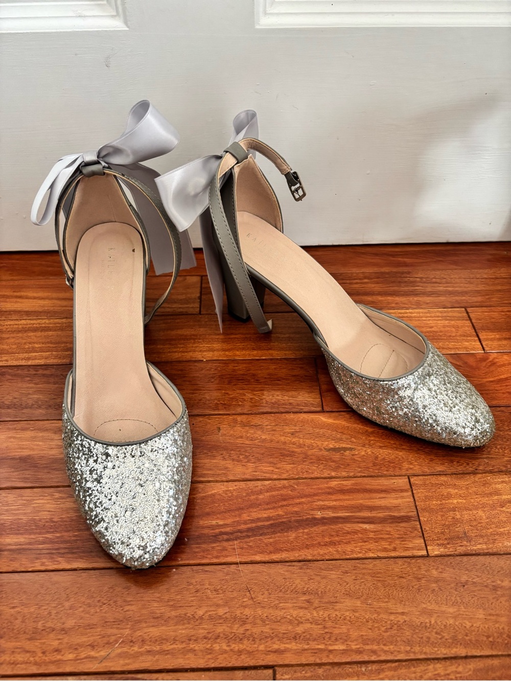 Silver Glitter Pointed-Toe Heels with Satin Ankle Tie